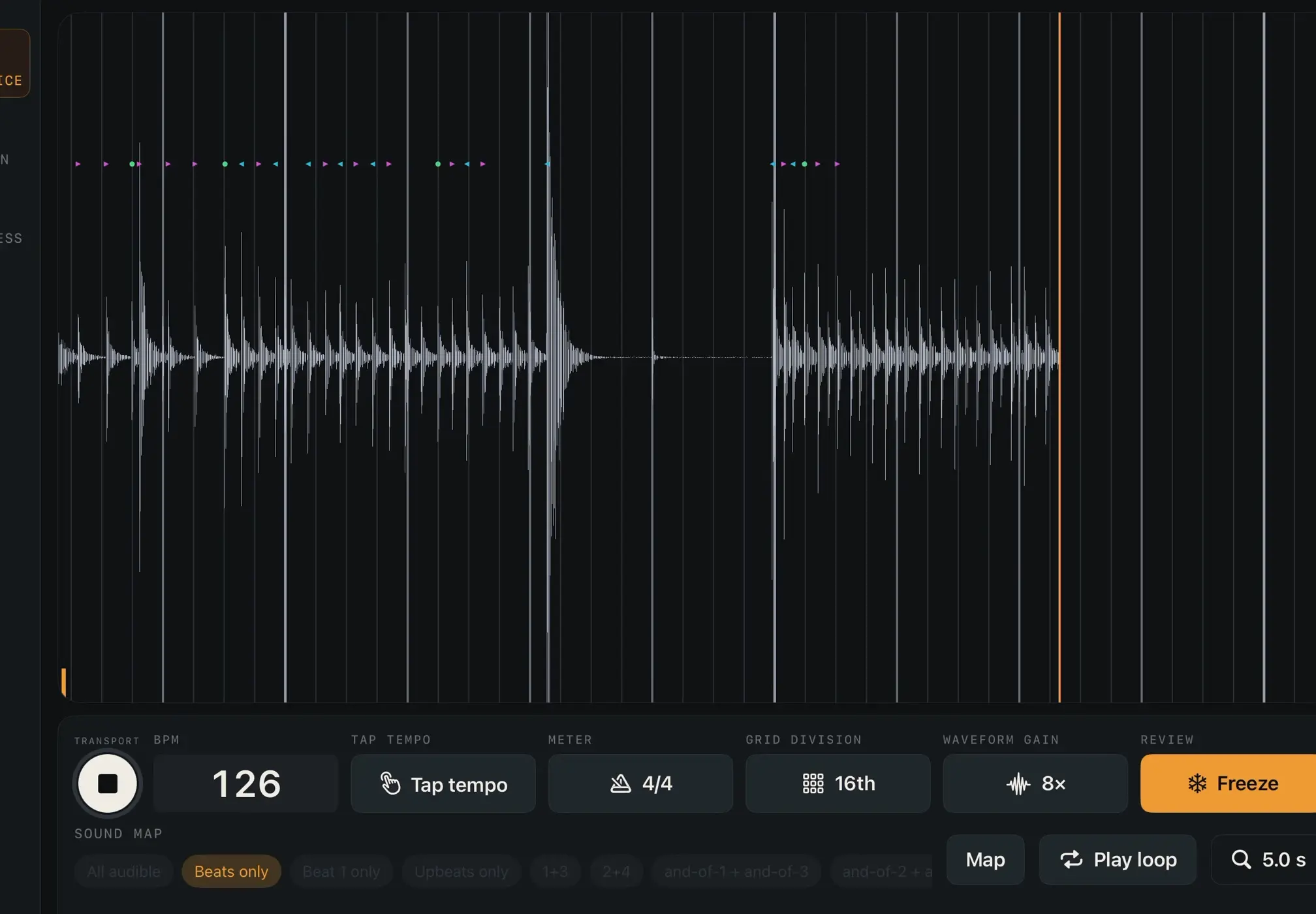 BeatTrace development build on iPad showing microphone waveform, timing gridlines, onset markers, BPM, meter, subdivision, waveform gain, and freeze controls.
