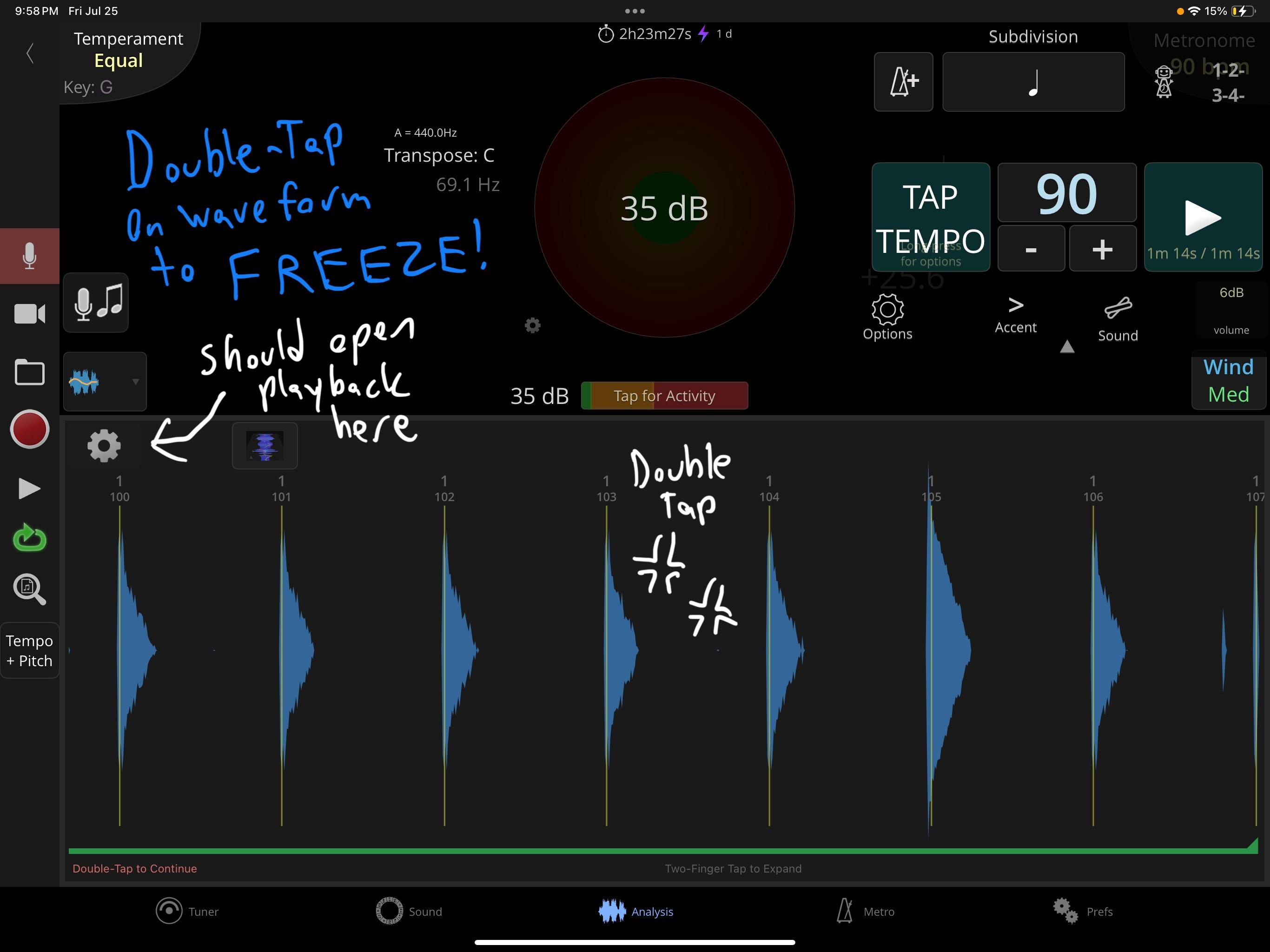 TonalEnergy waveform screen annotated with the double-tap gesture used to freeze a recording.