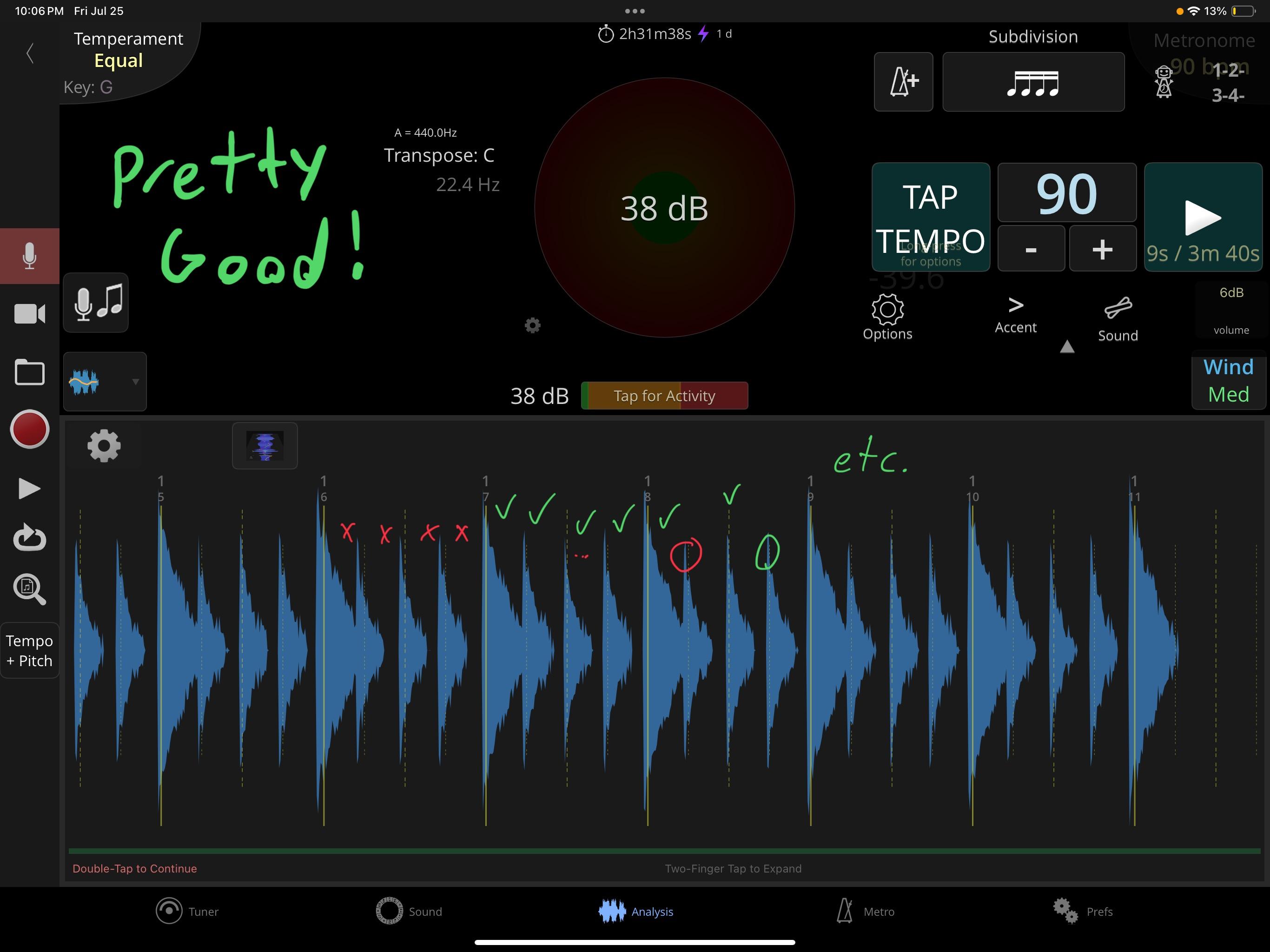 Frozen TonalEnergy waveform showing the finished visible subdivision result and small timing feedback.